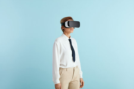 Focused Businesswoman Trying VR. Portrait of Girl Discovering New Technologiesの写真素材