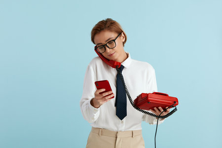 Nervous Businesswoman Answering Calls Isolated. Stressful Woman With Phonesの写真素材