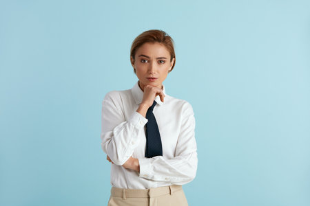 Serious Businesswoman Posing Studio. Portrait of Thoughtful Woman Standingの写真素材