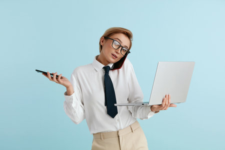 Busy Businesswoman Answering Calls Isolated. Caucasian Woman With Many Phonesの写真素材
