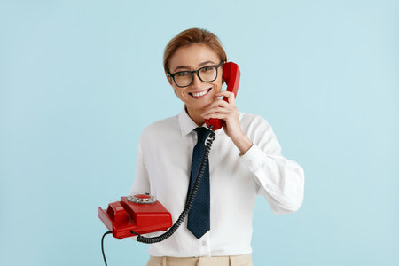 Businesswoman Talking Landline Telephone. Caucasian Woman Speaking on Smartphoneの写真素材