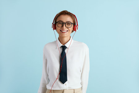 Caucasian Businesswoman Listening Music. Positive Lady Listening Favourite Songの写真素材