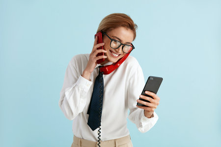 Businesswoman Talking Landline Telephone. Caucasian Woman Speaking on Smartphoneの写真素材
