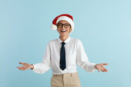 Smiling Businesswoman Spreading Arms. Friendly Woman Stretching Hands to Cameraの写真素材