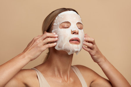 Beauty Woman Applying Face Mask. Portrait Of Girl Applying White Sheet Maskの写真素材