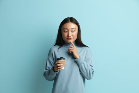 Pondering Woman Holding Coffee to Go. Friendly Asian Woman Offering Coffeeの写真素材