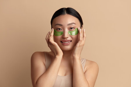 Eye Skin Beauty. Closeup Of Asian Woman Posing With Collagen Hydrogel Eye Patchesの写真素材