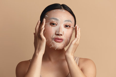 Beauty Woman Face Mask. Portrait Of Beautiful Girl Posing in Sheet Maskの写真素材