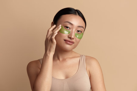Eye Skin Beauty. Closeup Of Asian Woman Touching Hand Hydrogel Eye Patchesの写真素材
