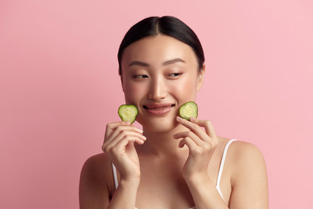 Asian Woman Holding Cucumber. Portrait of Beautiful Girl Hold Slice of Cucumberの写真素材