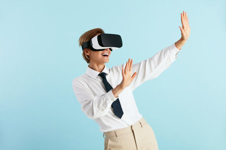 Happy Businesswoman Trying VR. Portrait of Amazed Girl Discovering Technologiesの写真素材