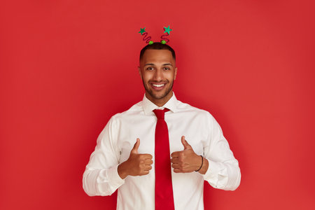 Happy Man Thumbs Up. Pleased Multiracial Man Smiling to Camera and Gesturingの写真素材