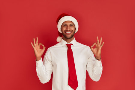 Smiling Man Showing Ok Gesture. Satisfied Guy Making Ok Symbolの写真素材