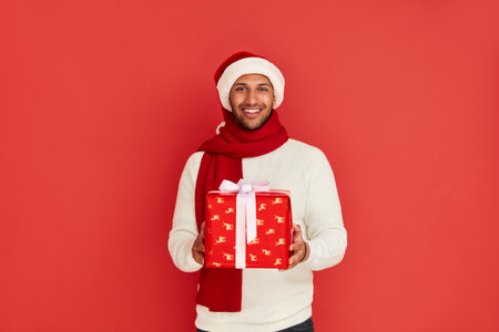 Happy Man Holding Present. Multiracial Guy in Santa Hat Holding Present Boxの写真素材