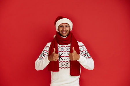 Happy Man Thumbs Up. Pleased Multiracial Man Smiling to Camera and Gesturingの写真素材