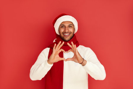 Smiling Man Showing Heart Shape Gesture. Positive Man Showing Romantic Gestureの写真素材