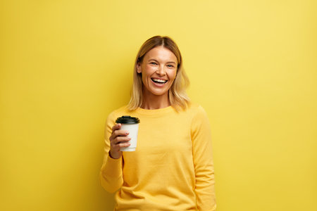 Happy Woman Holding Coffee to Go. Friendly Woman Holding Drink and Smilingの写真素材