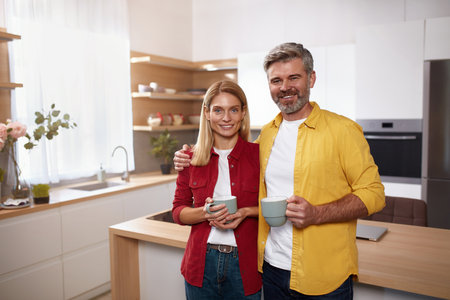 Senior Couple Holding Coffee. Happy Mature Spouses Drinking Morning Coffeeの写真素材