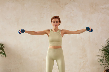 Positive Woman Training Dumbbells. Happy Energetic Woman Exercising At Homeの写真素材