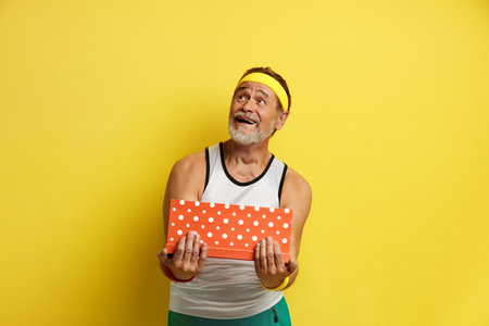 Senior Man Holding Present. Handsome Bearded Grandfather Posing With Gift Boxの写真素材