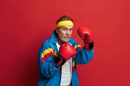 Man Boxing In Gloves. Portrait of Senior Man Trainingの写真素材