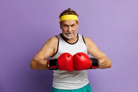Strong Man Boxing In Gloves. Portrait of Senior Man Trainingの写真素材