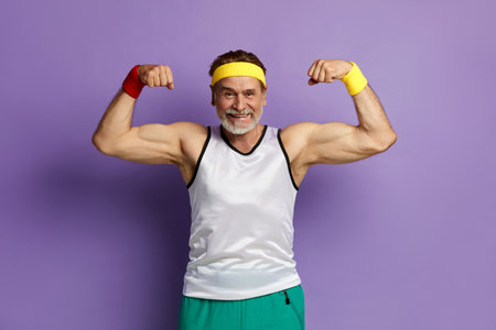Super Power. Man Showing Biceps. Strong Bearded Man Posing Isolatedの写真素材