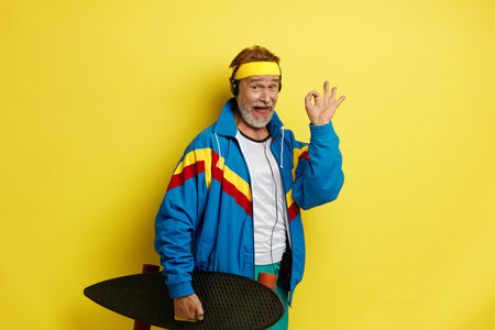 Smiling Man Holding Skateboard. Headphones Senior Man Showing Ok Gestureの写真素材
