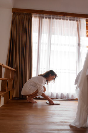 Woman Diet. Happy Woman Measuring Body Weight. Woman Putting Weighing Scaleの写真素材