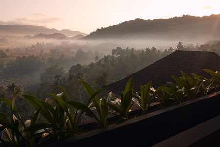 Morning Sunrise View of Sidemen and Agung Volcano in Baliの写真素材