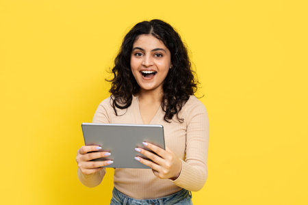 Excited Woman With Tablet On Yellow Backgroundの写真素材
