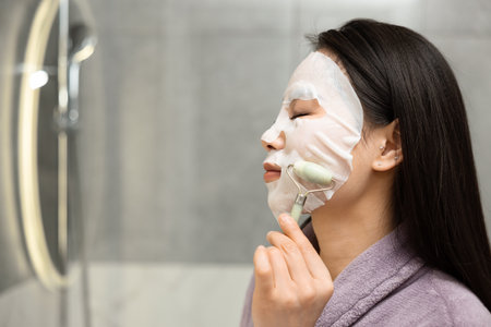 Woman in Bathrobe Enjoying Skin Care Routineの写真素材