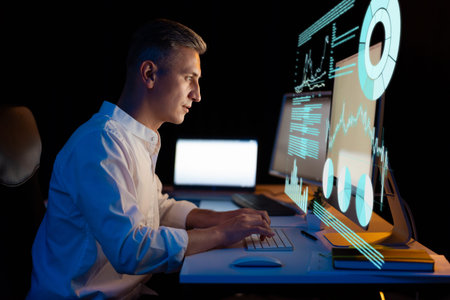 Man Analyzing Data on Futuristic Holographic Display in Dark Room