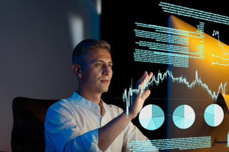 Businessman Analyzing Financial Data on Interactive Screen in Modern Officeの写真素材
