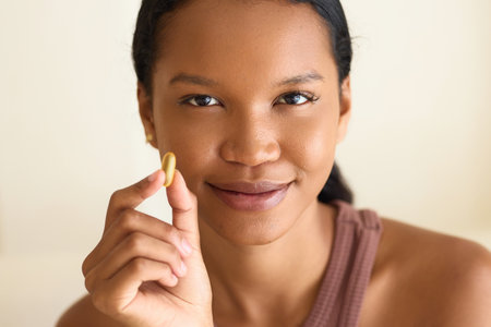 Young Woman Holding Vitamin Capsule for Healthy Skin and Nutritionの写真素材