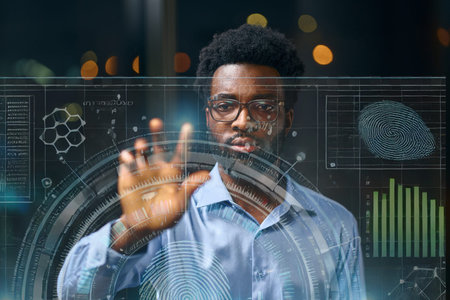 Man Interacting With Futuristic Interface Display Featuring Graphs And Technology Concept Elements