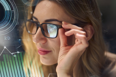 Woman Using Augmented Reality Technology for Data Analysis and Innovative Problem Solvingの写真素材