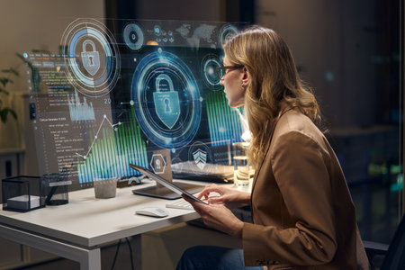 Professional Analyzing Cybersecurity Data on Advanced Holographic Display in Modern Officeの写真素材