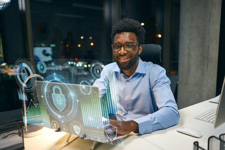 Smiling Professional Working on Cybersecurity Interface in a Modern Office at Night