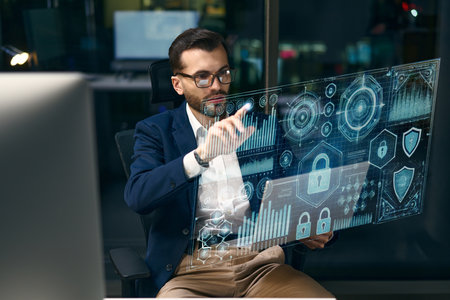 Businessman Analyzing Data on Futuristic Digital Interface in a Modern Office Settingの写真素材