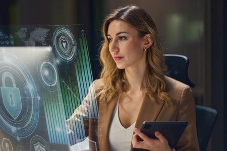 Professional Woman Analyzing Cybersecurity Data on Futuristic Digital Interface in Officeの写真素材