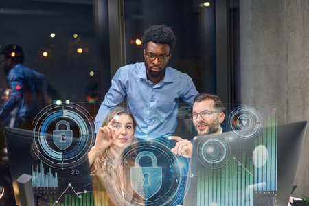 Team Collaborating on Cybersecurity Solutions with Futuristic Holographic Security Interface Displayの写真素材