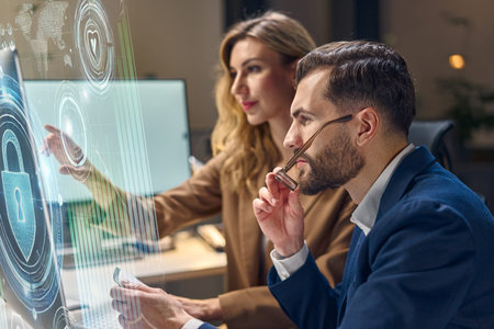 Team Analyzing Cybersecurity Measures With Holographic Interface in Modern Office
