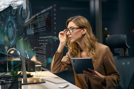 Professional Businesswoman Analyzing Data and Cybersecurity Statistics Using Advanced Technologyの写真素材