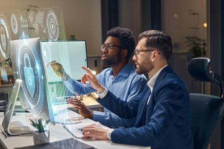Cybersecurity Experts Collaborating on Interactive Digital Security Solutions in a Modern Officeの写真素材