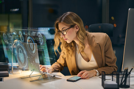 Woman Analyzing Data on Futuristic Display in Modern Office at Nightの写真素材