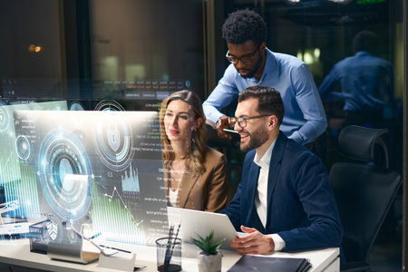 Team of Professionals Working on Futuristic Data Analysis in Modern Office Environmentの写真素材