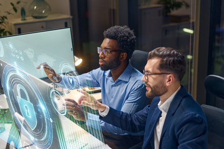 Innovative Team Collaborating on Cybersecurity Solutions with Futuristic Digital Interfaceの写真素材