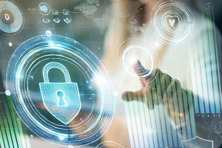 Digital Fingerprint Unlocking Cybersecurity Data with Virtual Padlock Interface Overlayの写真素材