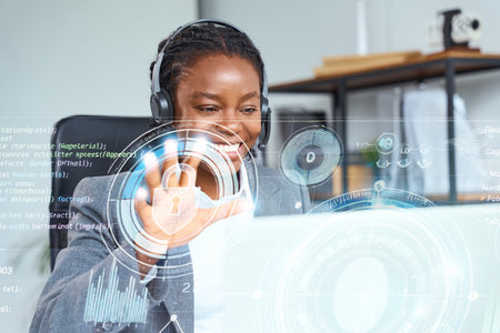 Businesswoman Using Modern Virtual Screen Display for Technology and Cybersecurity Solutionsの写真素材